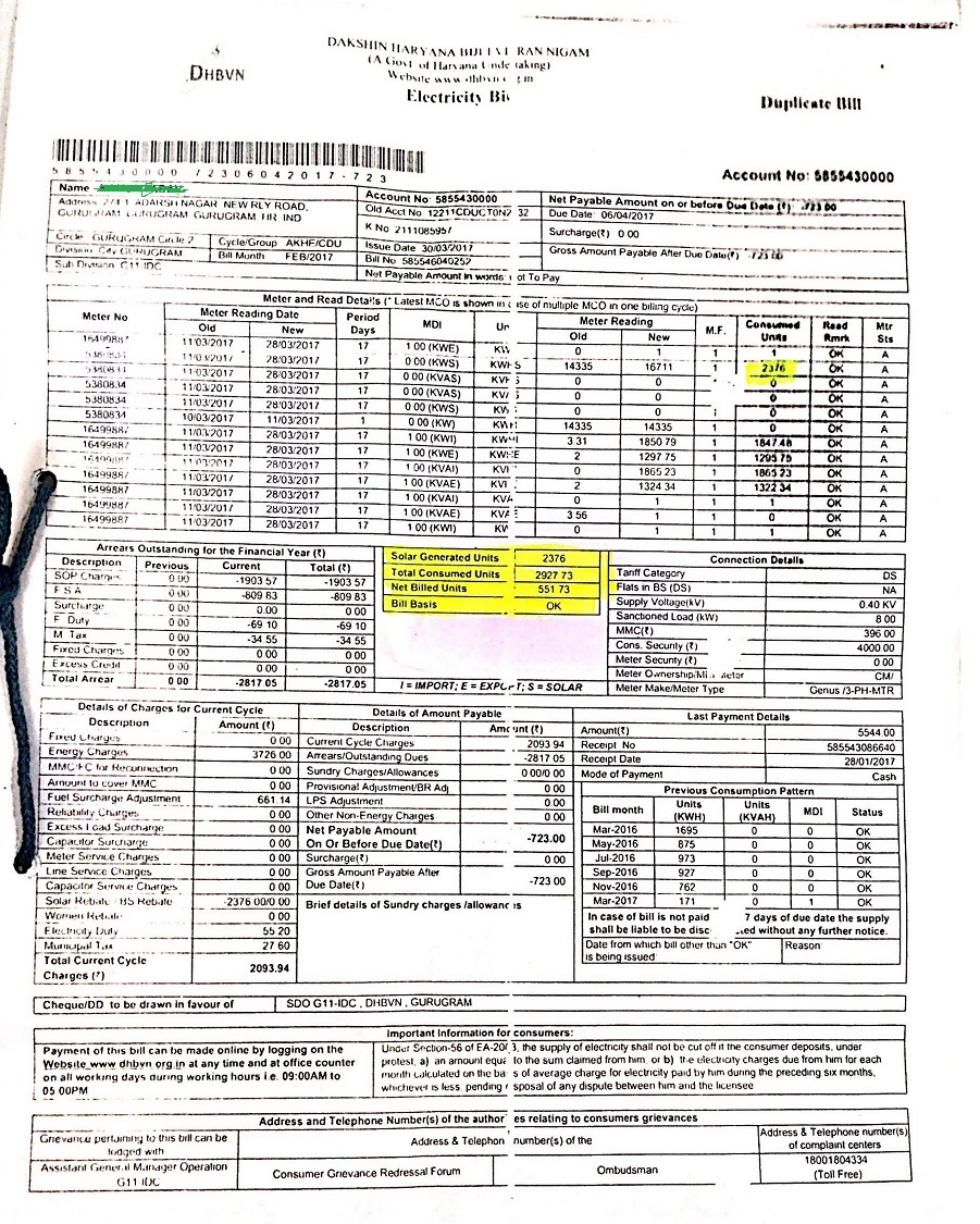 Sample of Electricity Bill with Solar Net Meter